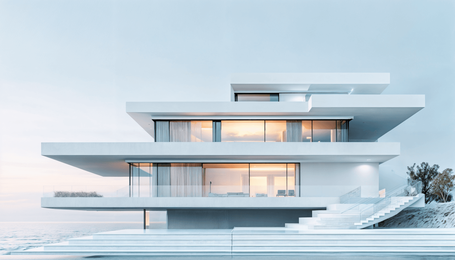 Casa Meridian as built: three white cantilevered floors with lit windows above the water
