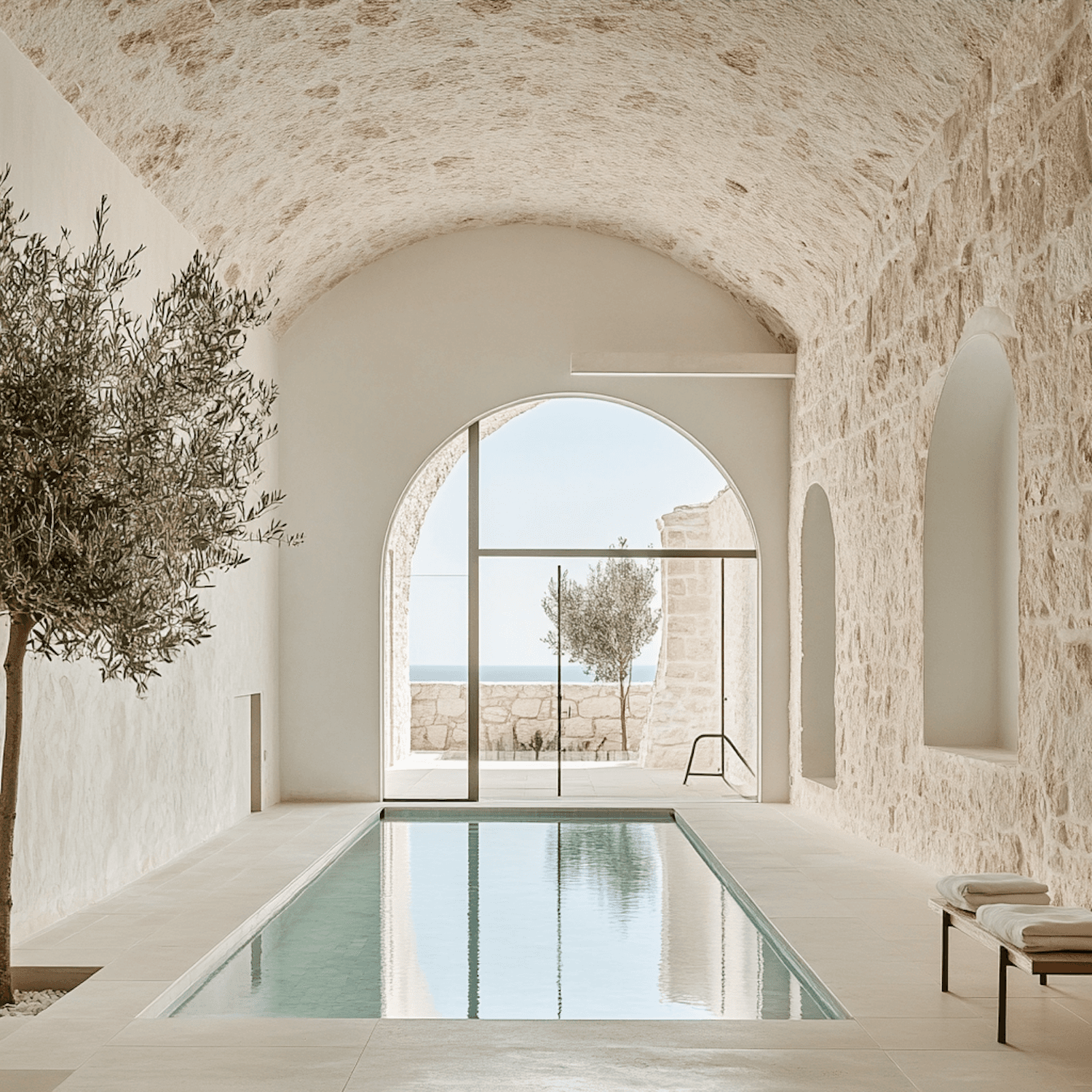 Cisterna Baths, a long pool beneath a stone barrel vault with an arched opening to the sea