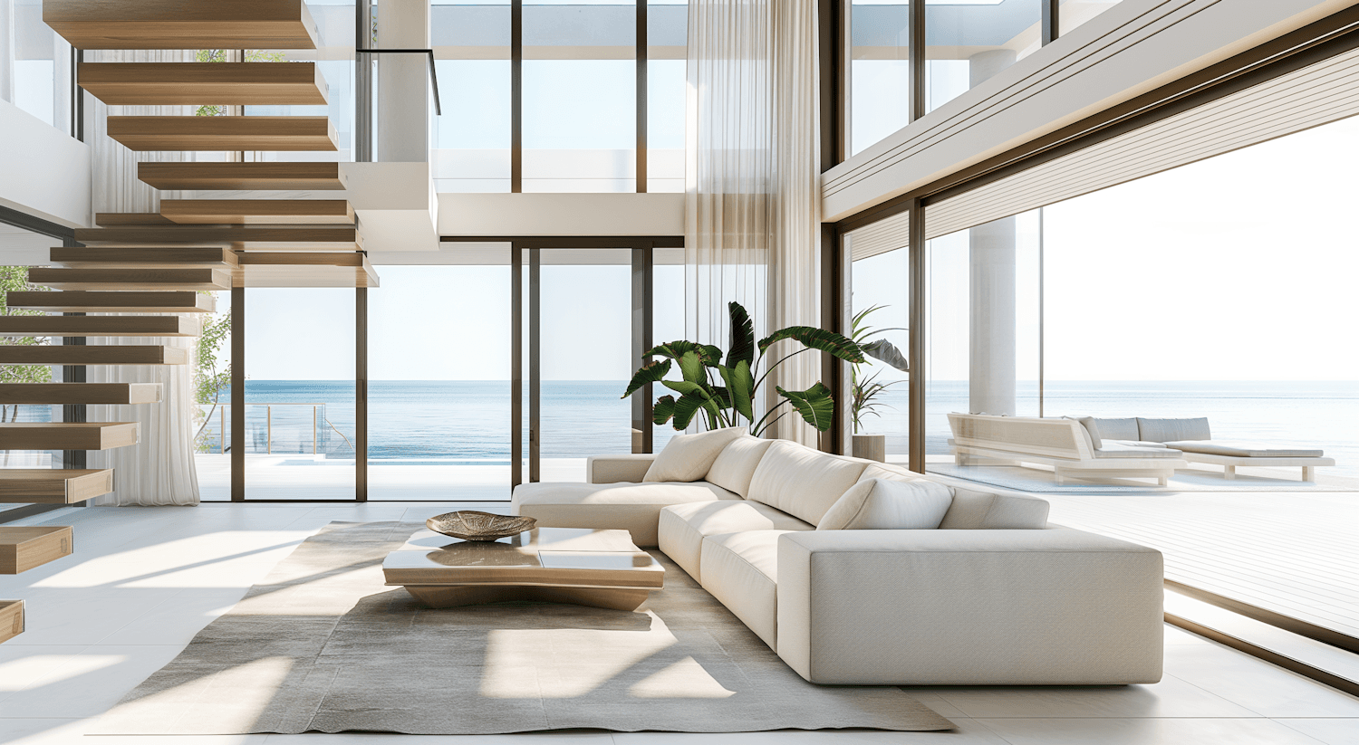 Living room with floor-to-ceiling glazing and a floating oak stair facing the lake