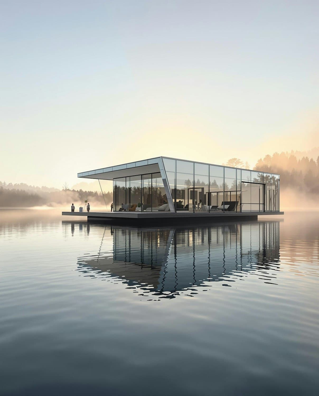 Lumen Pavilion, a glass room on a floating deck in morning mist on the lake