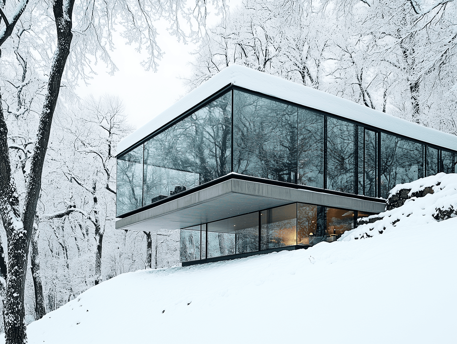 Larchwood Lodge, a glass pavilion under a snow-covered roof in a winter forest