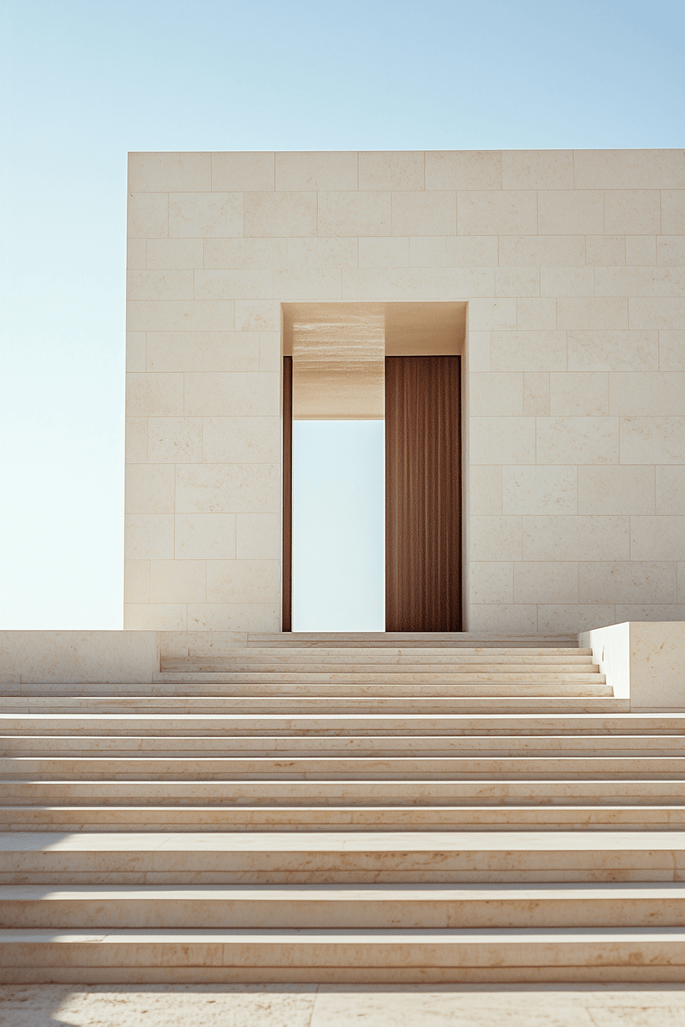 Maison Calcaire, a limestone facade with a tall oak door at the top of wide stone steps