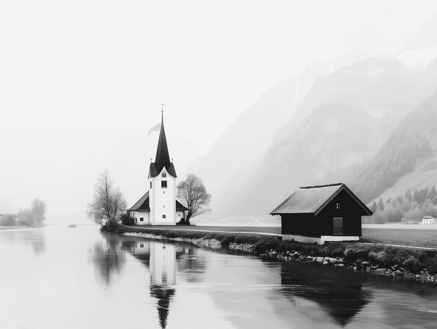 Stillwater Chapel and its timber boathouse beside a still river under misty mountains