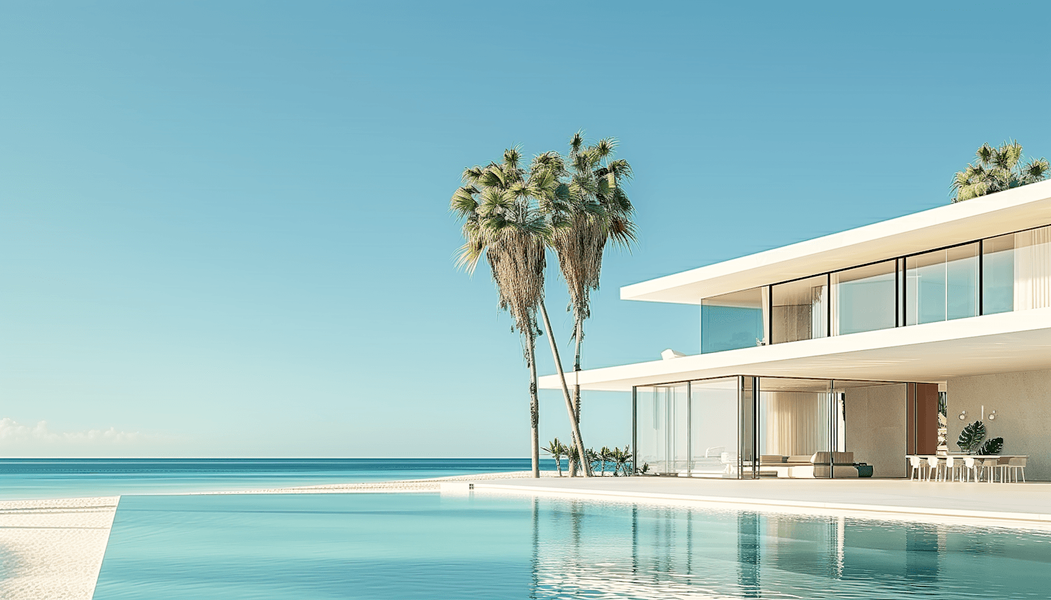 Villa Ostra, a long white roof over glass walls beside an infinity pool and the sea