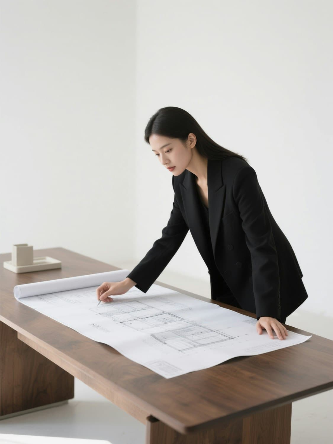Architect reviewing a drawing set laid out on a walnut table