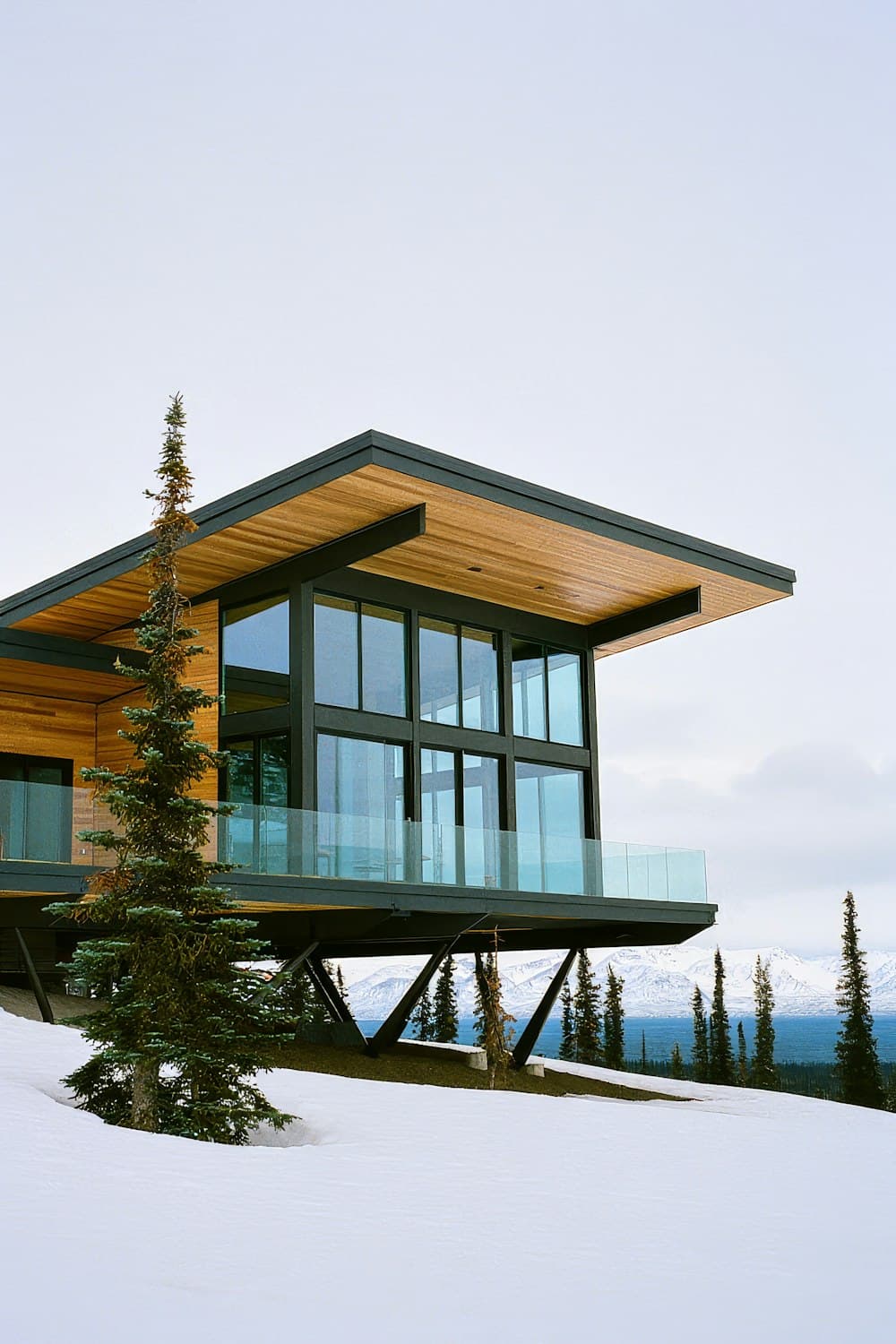 Timber and glass suite raised on steel legs above the snow, with mountains behind